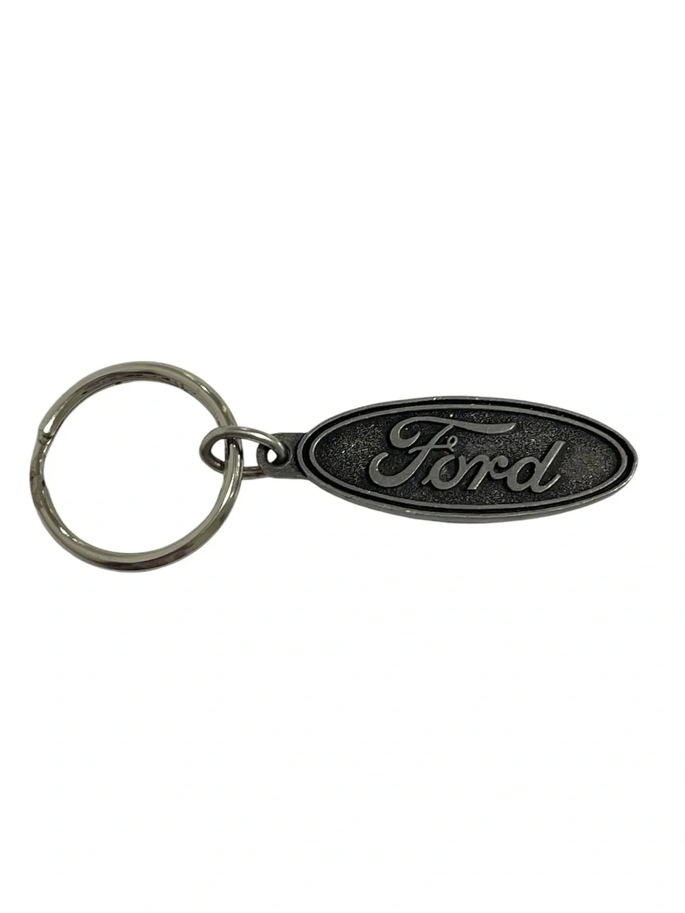 Ford Solid Pewter Oval Metal Keyring Gunmetal Black Raised Logo VTG Made in USA
